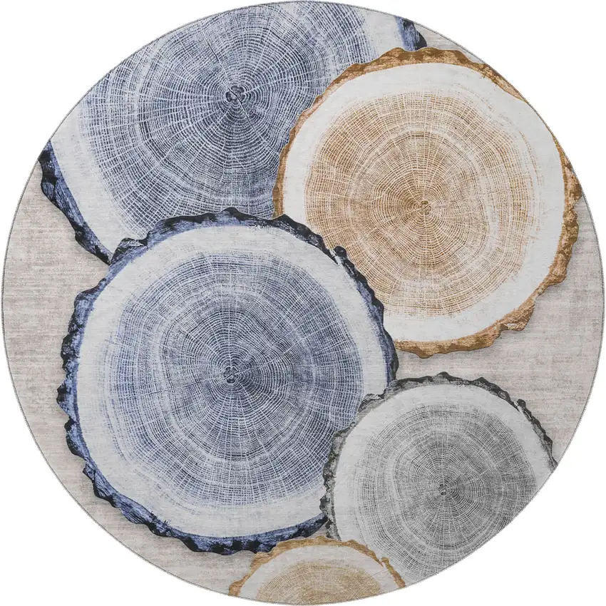 8' Beige Blue And Ivory Woodland Lodge Washable Round Rug With UV Protection Photo 4