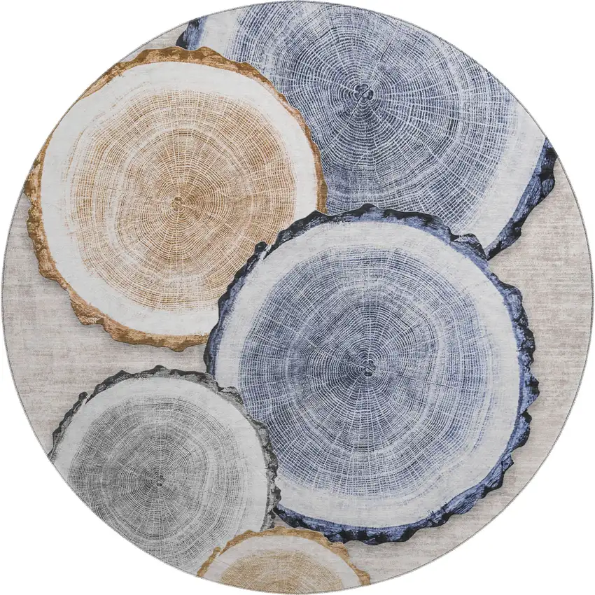8' Beige Blue And Ivory Woodland Lodge Washable Round Rug With UV Protection Photo 1