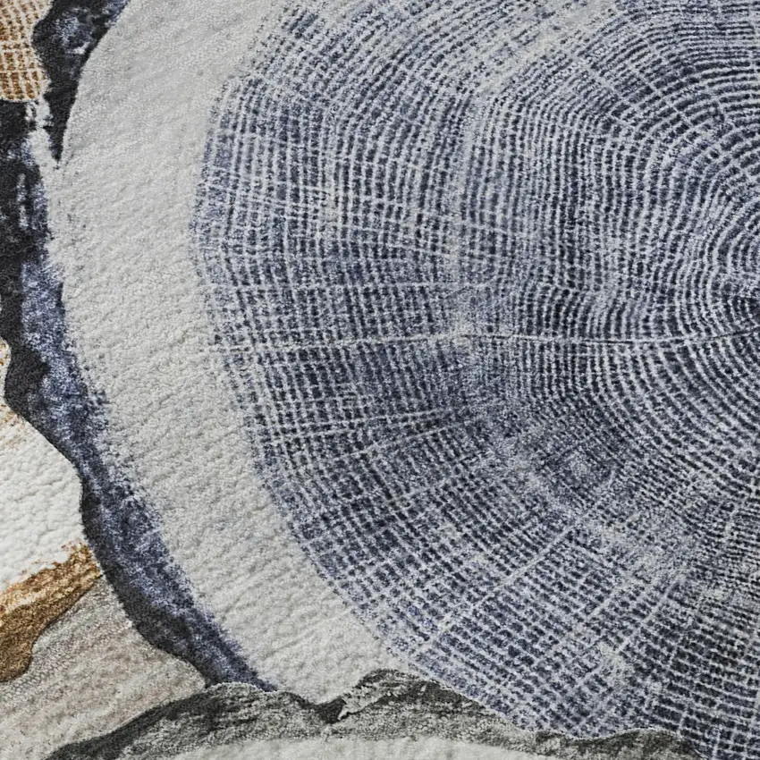 8' Beige Blue And Ivory Woodland Lodge Washable Round Rug With UV Protection Photo 9