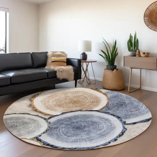8' Beige Blue And Ivory Woodland Lodge Washable Round Rug With UV Protection Photo 5