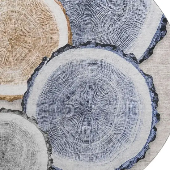 8' Beige Blue And Ivory Woodland Lodge Washable Round Rug With UV Protection Photo 3