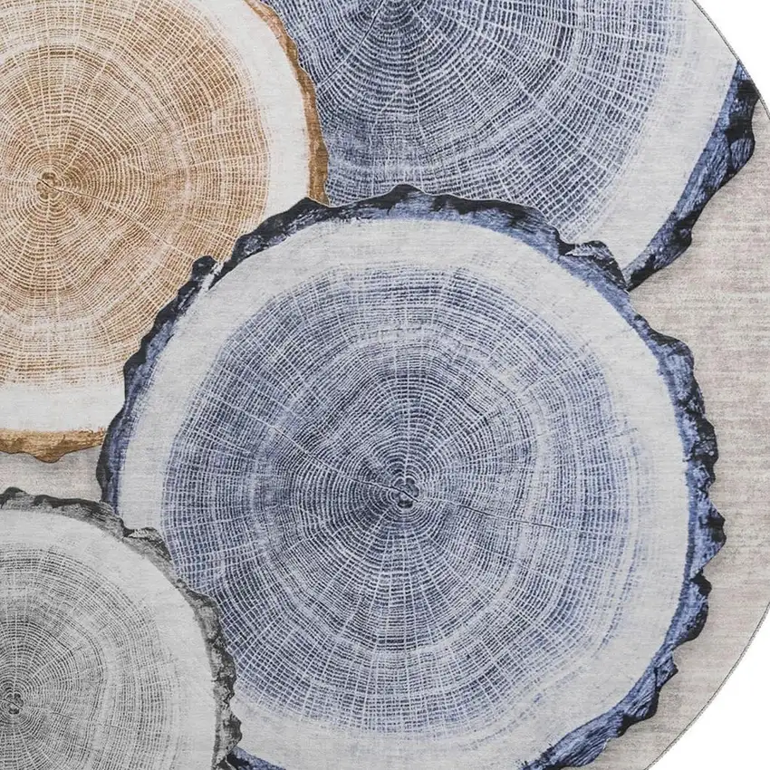 8' Beige Blue And Ivory Woodland Lodge Washable Round Rug With UV Protection Photo 3