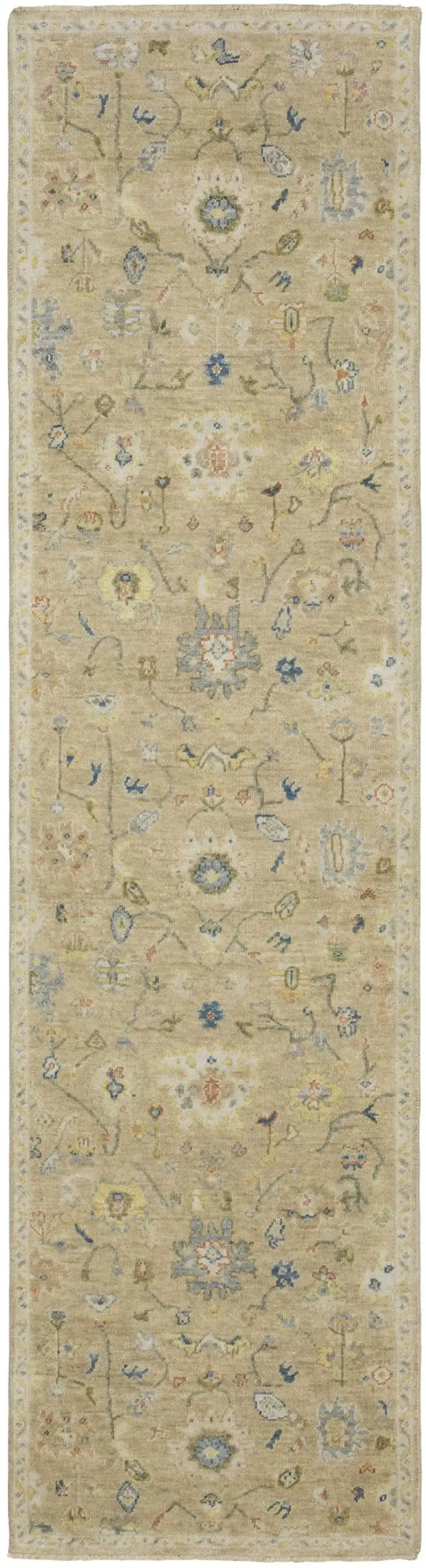 10' Beige Blue And Ivory Wool Oriental Hand Knotted Runner Rug With Fringe Photo 5