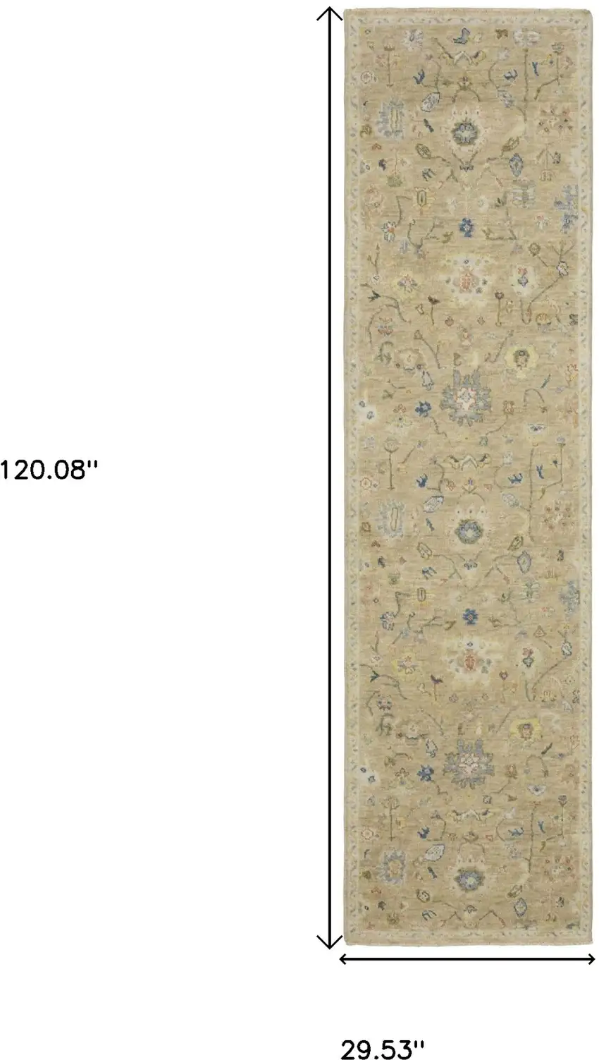 10' Beige Blue And Ivory Wool Oriental Hand Knotted Runner Rug With Fringe Photo 3