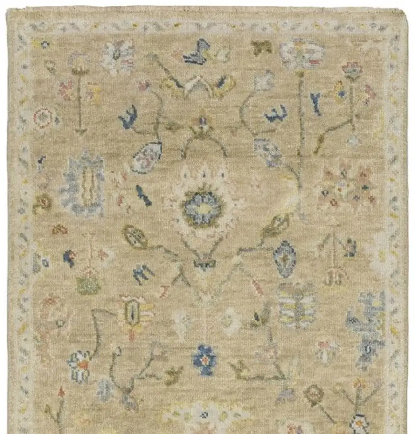 10' Beige Blue And Ivory Wool Oriental Hand Knotted Runner Rug With Fringe Photo 4