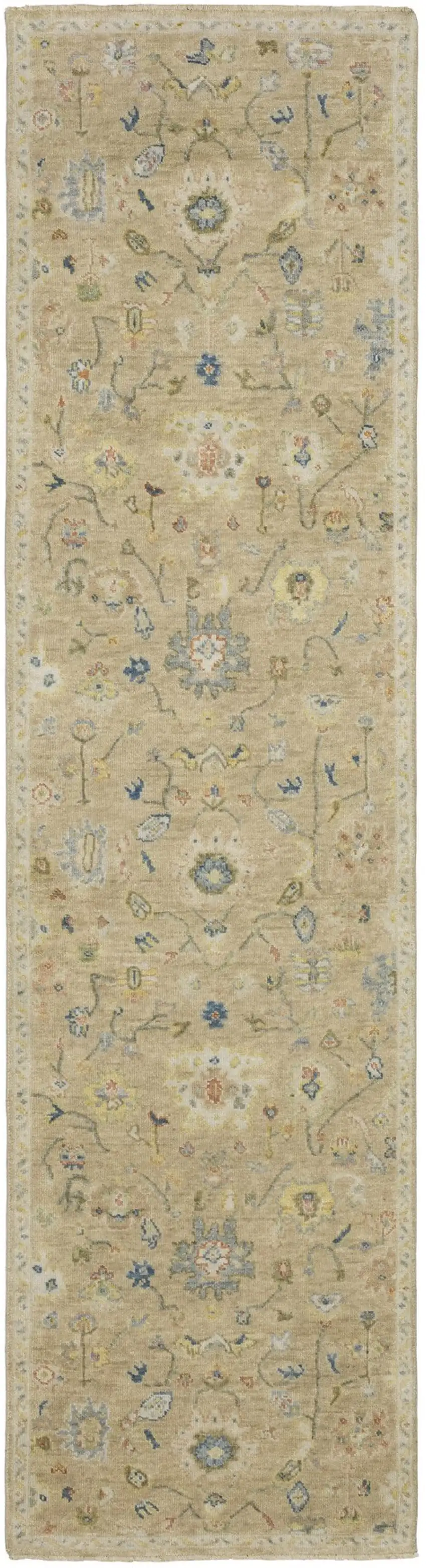 10' Beige Blue And Ivory Wool Oriental Hand Knotted Runner Rug With Fringe Photo 2