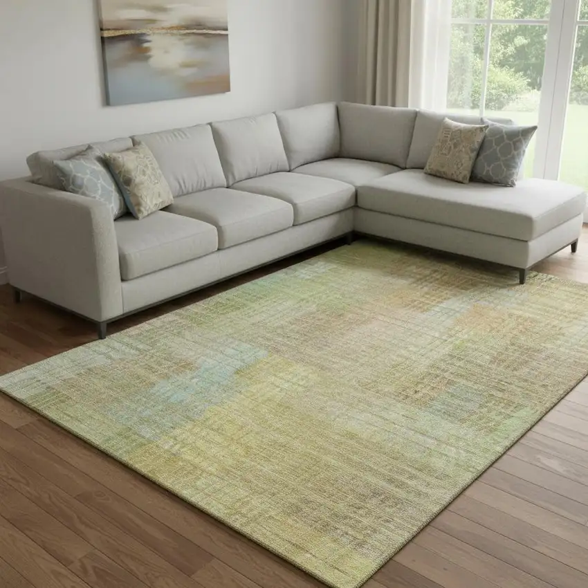 8' Beige Blue And Khaki Geometric Washable Area Rug With UV Protection Photo 2