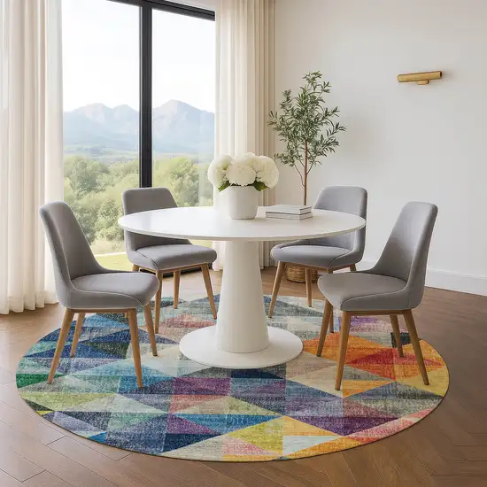 8' Beige Blue And Orange Geometric Washable Round Rug With UV Protection Photo 5