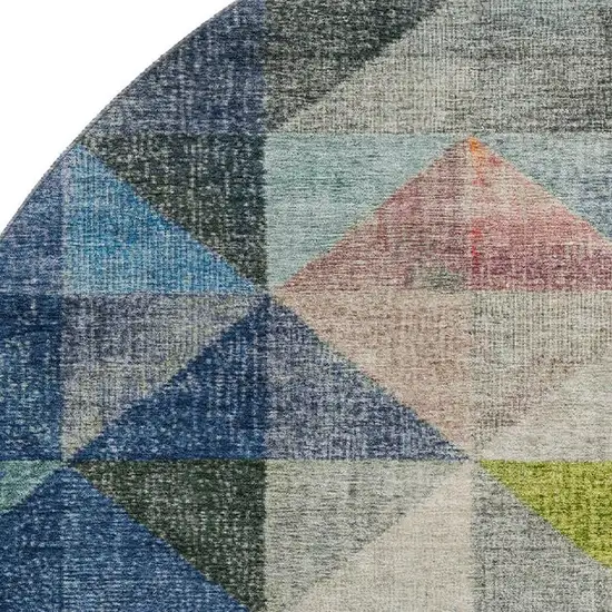 8' Beige Blue And Orange Geometric Washable Round Rug With UV Protection Photo 3