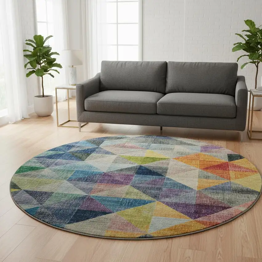8' Beige Blue And Orange Geometric Washable Round Rug With UV Protection Photo 2