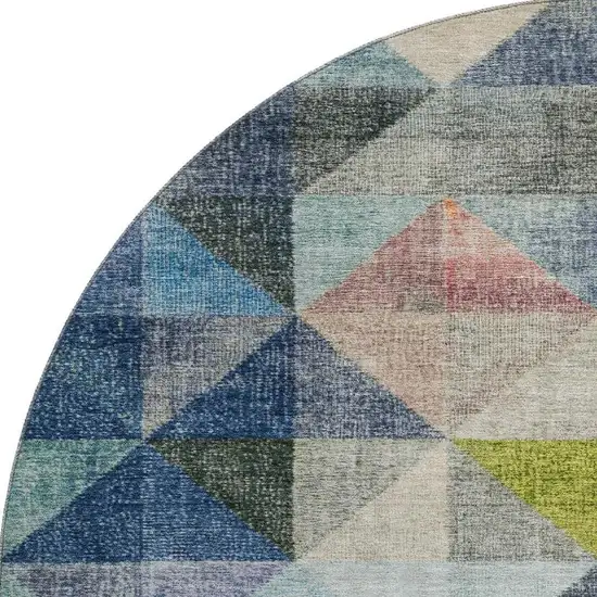 8' Beige Blue And Orange Geometric Washable Round Rug With UV Protection Photo 4