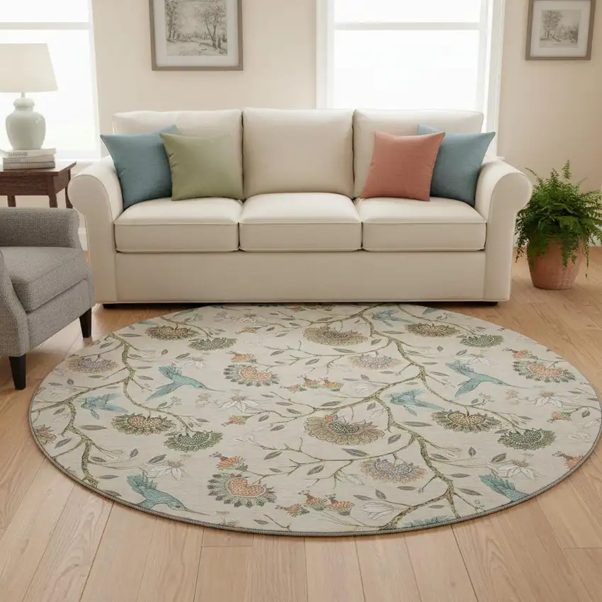 8' Beige Blue And Peach Geometric Washable Round Rug With UV Protection Photo 1