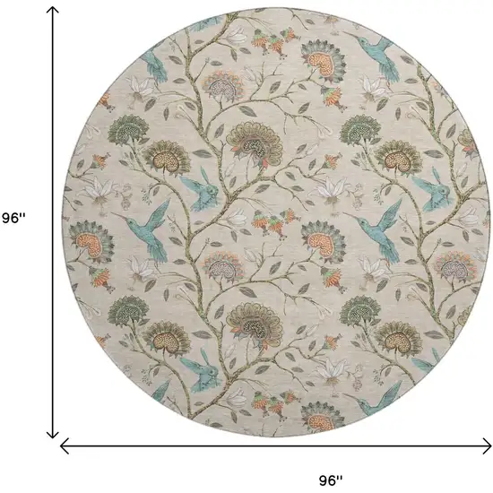 8' Beige Blue And Peach Geometric Washable Round Rug With UV Protection Photo 3