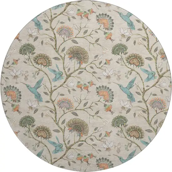 8' Beige Blue And Peach Geometric Washable Round Rug With UV Protection Photo 2