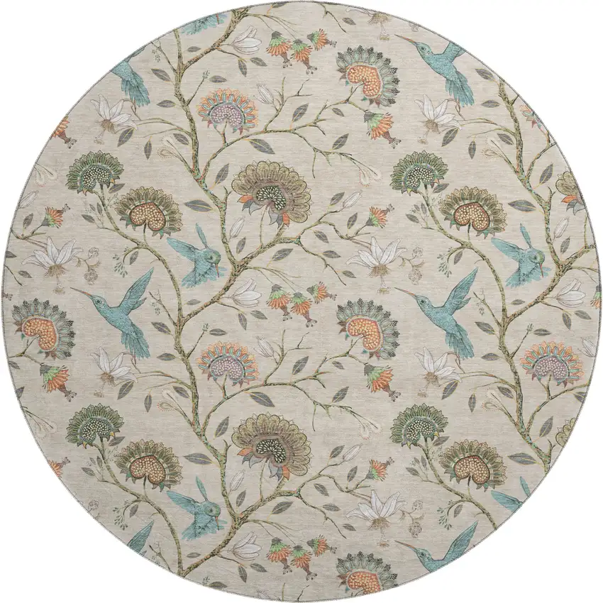 8' Beige Blue And Peach Geometric Washable Round Rug With UV Protection Photo 2