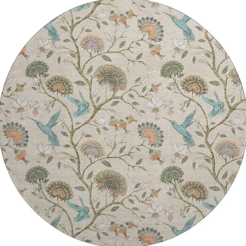 8' Beige Blue And Peach Geometric Washable Round Rug With UV Protection Photo 4