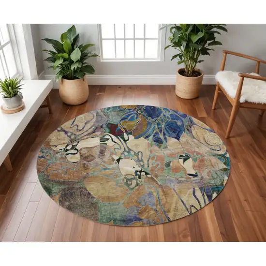 8' Beige Blue And Purple Floral Washable Round Rug With UV Protection Photo 2