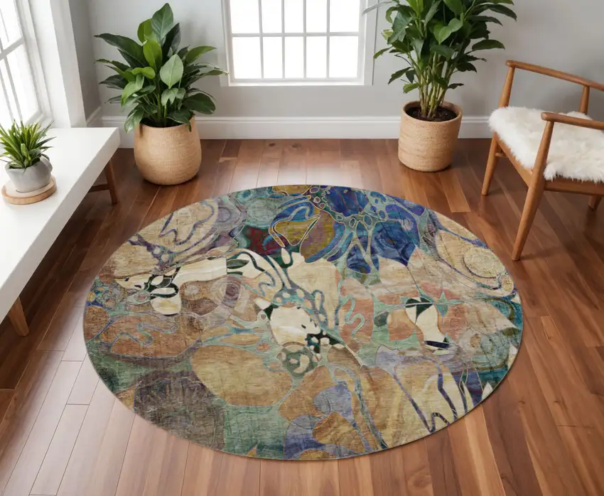 8' Beige Blue And Purple Floral Washable Round Rug With UV Protection Photo 2