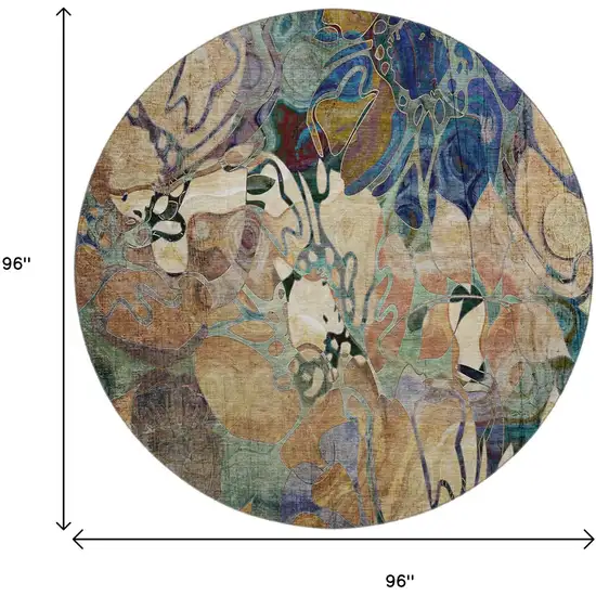 8' Beige Blue And Purple Abstract Distressed Washable Round Rug With UV Protection Photo 7