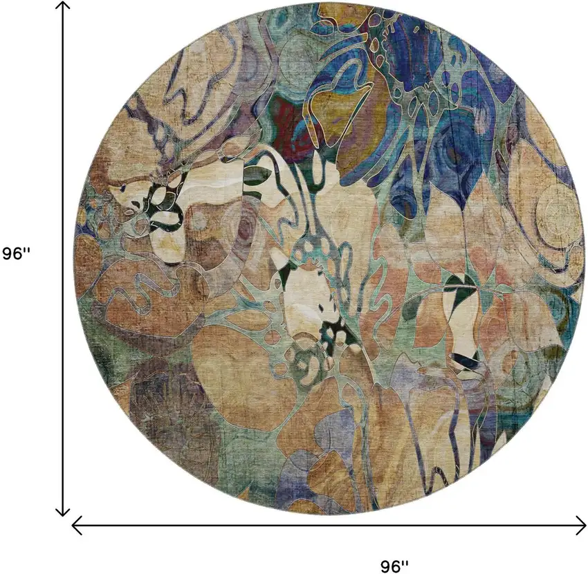 8' Beige Blue And Purple Abstract Distressed Washable Round Rug With UV Protection Photo 7
