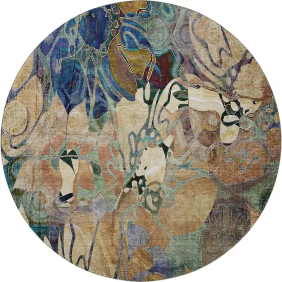 8' Beige Blue And Purple Abstract Distressed Washable Round Rug With UV Protection Photo 3