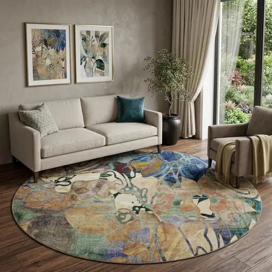 8' Beige Blue And Purple Abstract Distressed Washable Round Rug With UV Protection Photo 1