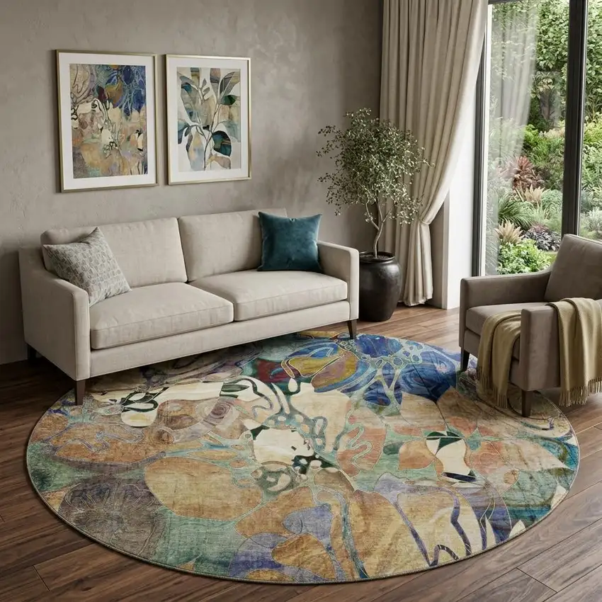 8' Beige Blue And Purple Abstract Distressed Washable Round Rug With UV Protection Photo 1