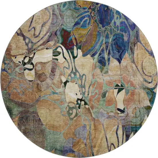 8' Beige Blue And Purple Abstract Distressed Washable Round Rug With UV Protection Photo 2