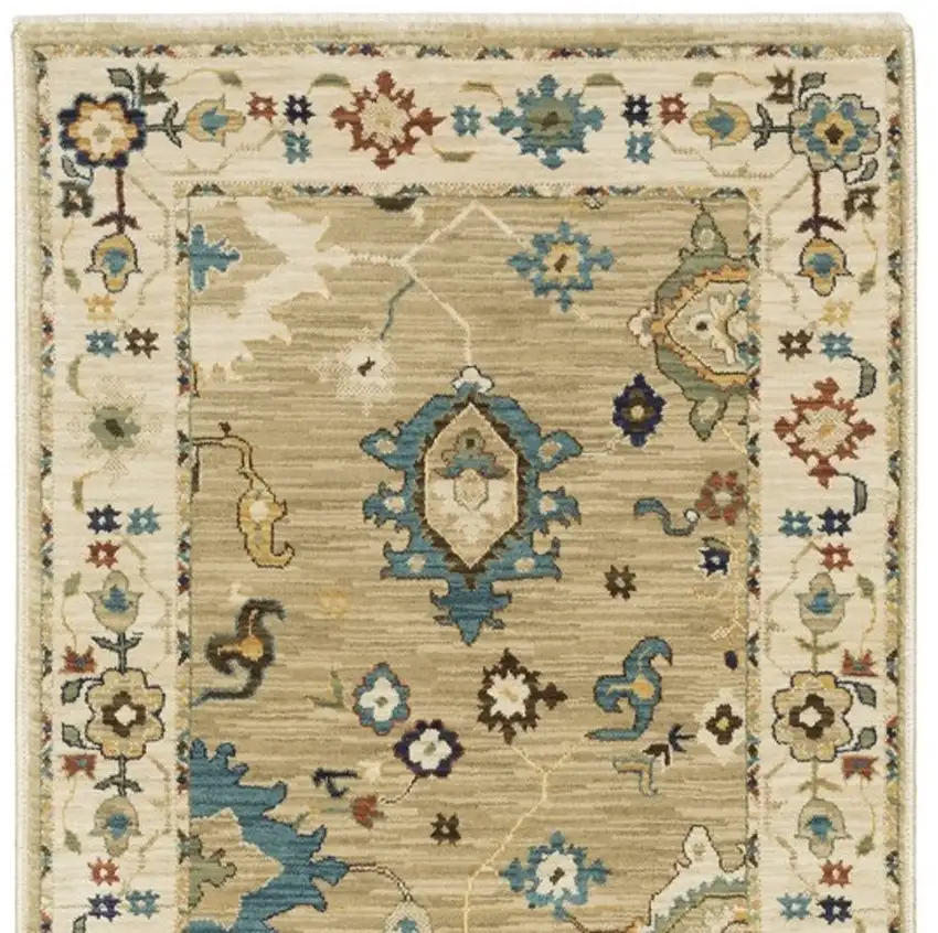 8' Beige Blue And Rust Oriental Runner Rug With Fringe Photo 5