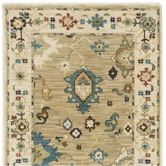 8' Beige Blue And Rust Oriental Runner Rug With Fringe Photo 5