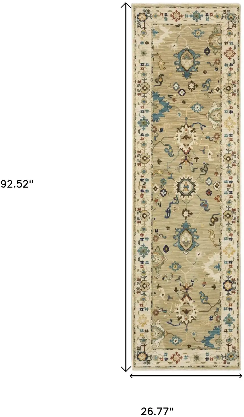 8' Beige Blue And Rust Oriental Runner Rug With Fringe Photo 3