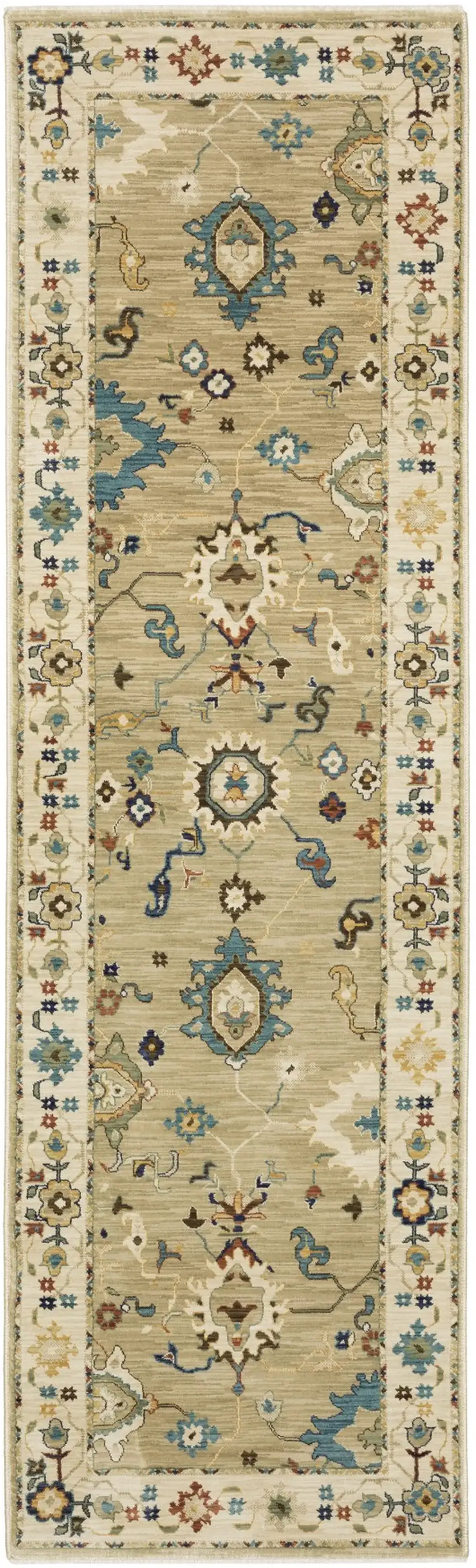 8' Beige Blue And Rust Oriental Runner Rug With Fringe Photo 2