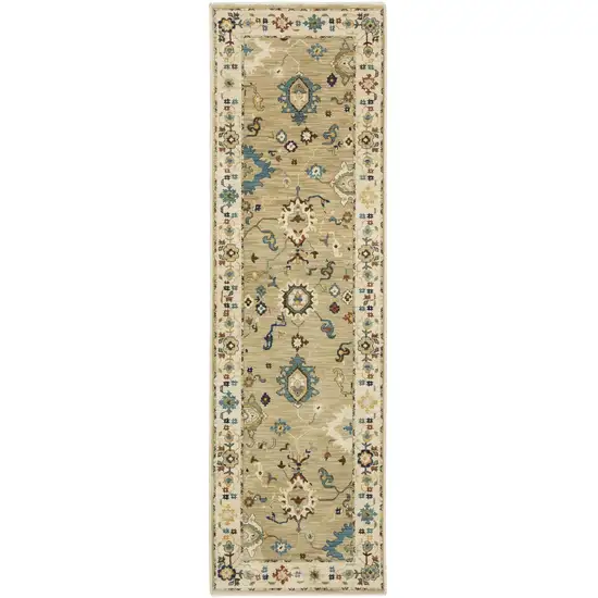 8' Beige Blue And Rust Oriental Runner Rug With Fringe Photo 2