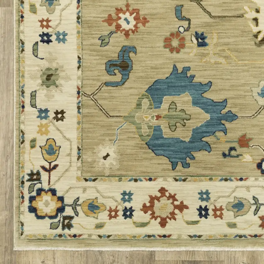 8' Beige Blue And Rust Oriental Runner Rug With Fringe Photo 4