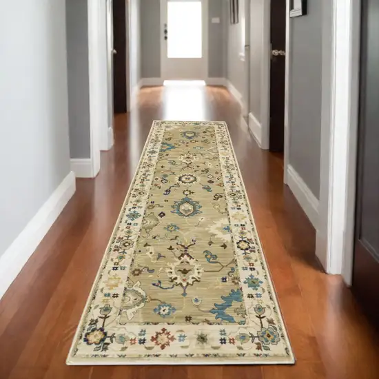 8' Beige Blue And Rust Oriental Runner Rug With Fringe Photo 1