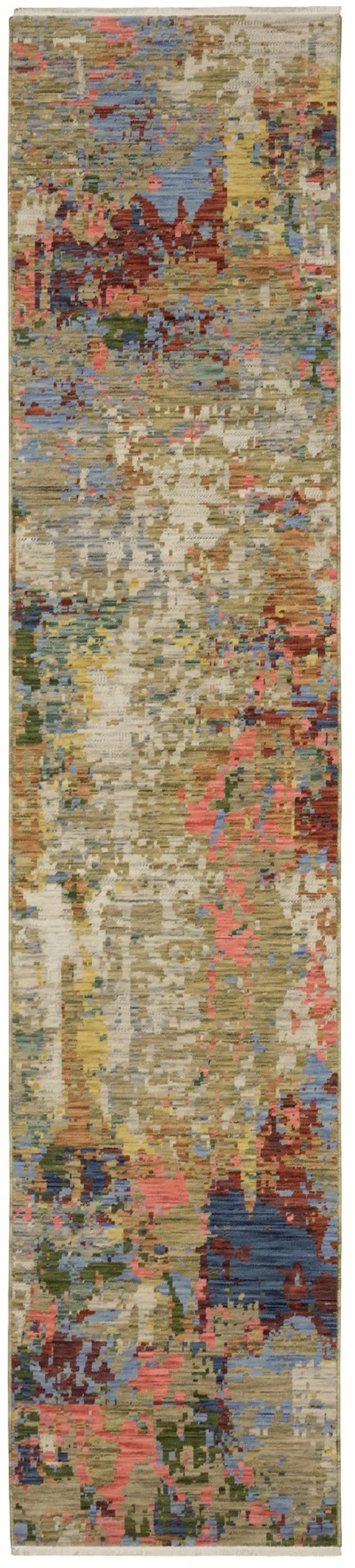12' Beige Blue And Salmon Abstract Runner Rug With Fringe Photo 2