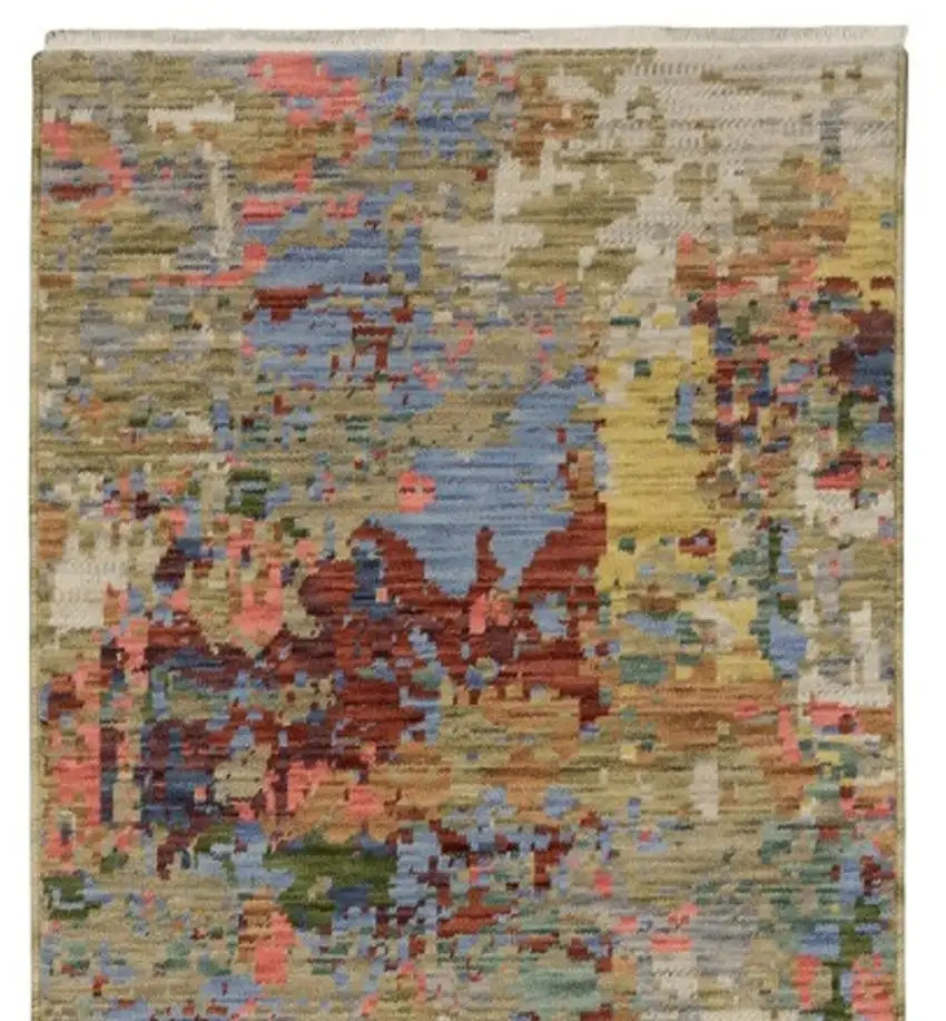 12' Beige Blue And Salmon Abstract Runner Rug With Fringe Photo 6