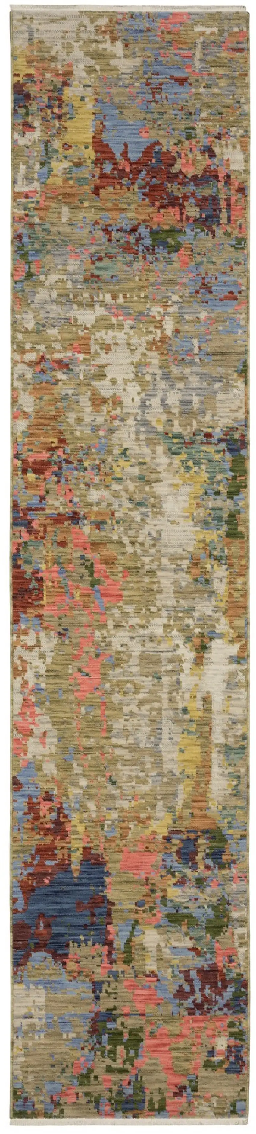 12' Beige Blue And Salmon Abstract Runner Rug With Fringe Photo 7