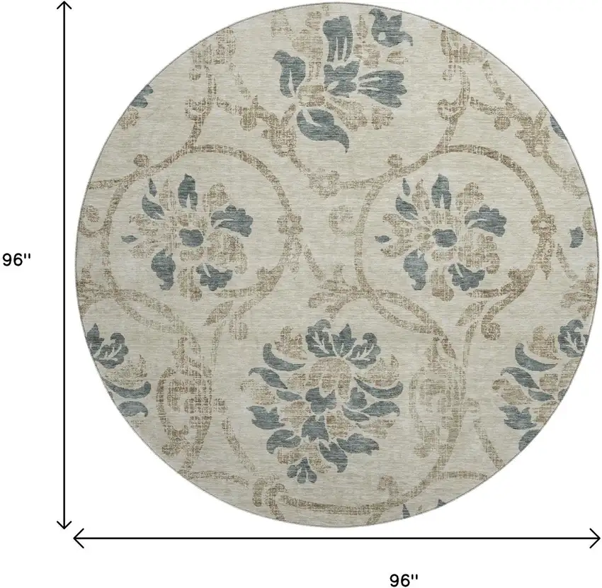 8' Beige Blue And Tan Floral Washable Round Rug With UV Protection Photo 3