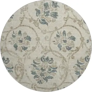 Photo of 8' Beige Blue And Tan Floral Washable Round Rug With UV Protection
