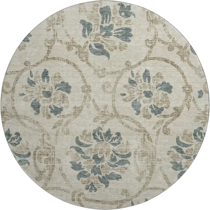 8' Beige Blue And Tan Floral Washable Round Rug With UV Protection Photo 1
