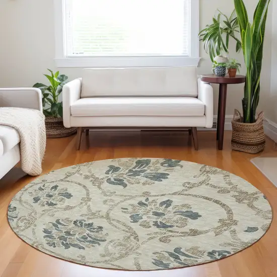 8' Beige Blue And Tan Floral Washable Round Rug With UV Protection Photo 5