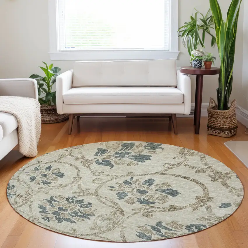 8' Beige Blue And Tan Floral Washable Round Rug With UV Protection Photo 5