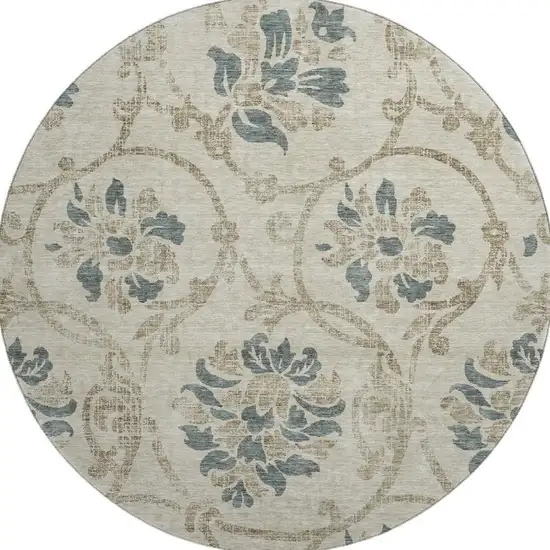8' Beige Blue And Tan Floral Washable Round Rug With UV Protection Photo 4