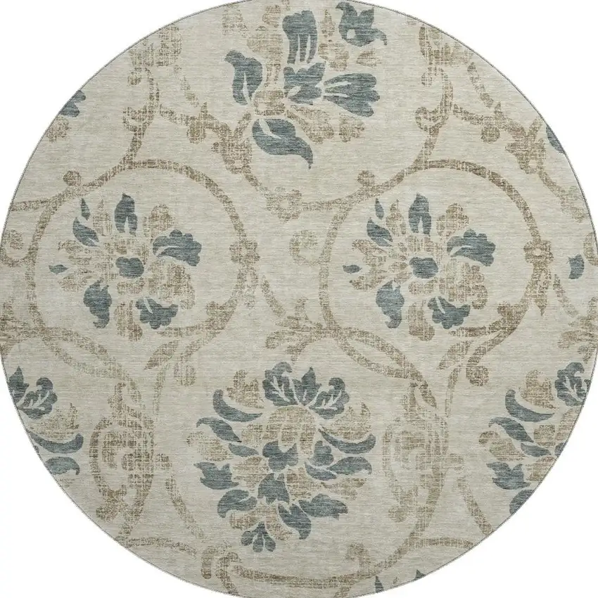 8' Beige Blue And Tan Floral Washable Round Rug With UV Protection Photo 4