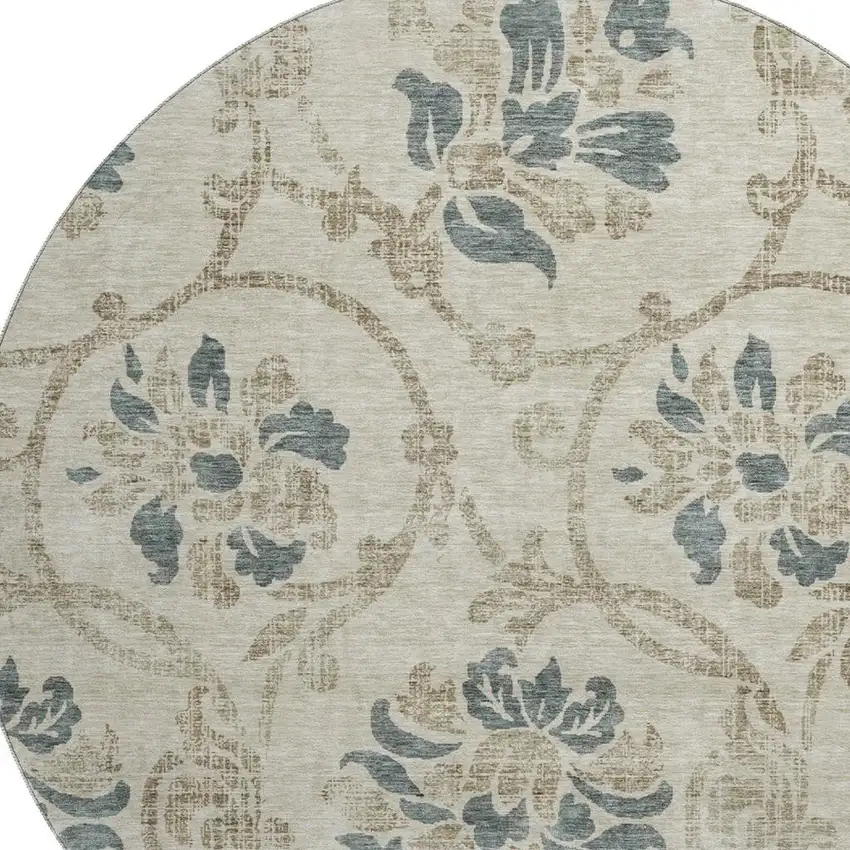 8' Beige Blue And Tan Floral Washable Round Rug With UV Protection Photo 3