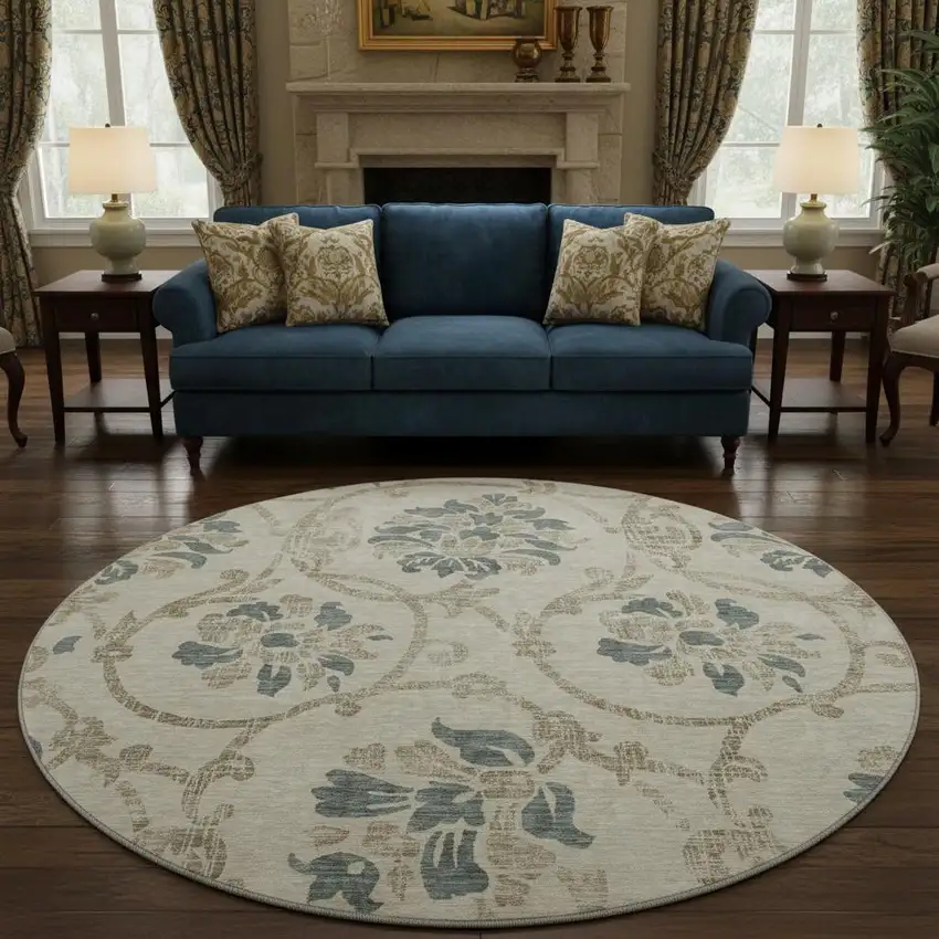 8' Beige Blue And Tan Floral Washable Round Rug With UV Protection Photo 2