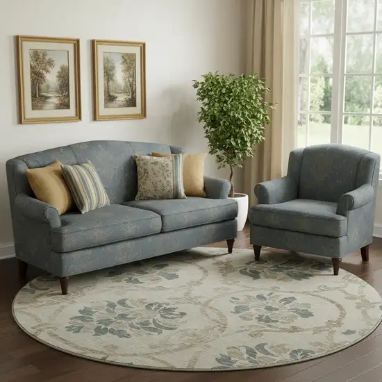 8' Beige Blue And Tan Floral Washable Round Rug With UV Protection Photo 1