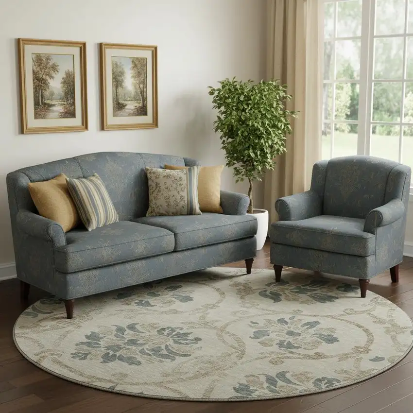 8' Beige Blue And Tan Floral Washable Round Rug With UV Protection Photo 1