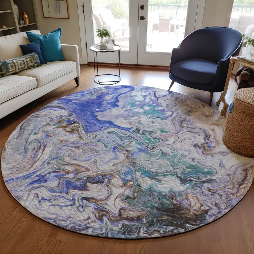 8' Beige Blue And Taupe Round Abstract Washable Indoor Outdoor Area Rug Photo 7